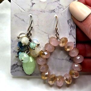 "5/$25" Mismatched Crystal Quartz Bead Pink & Green Dangle Earrings